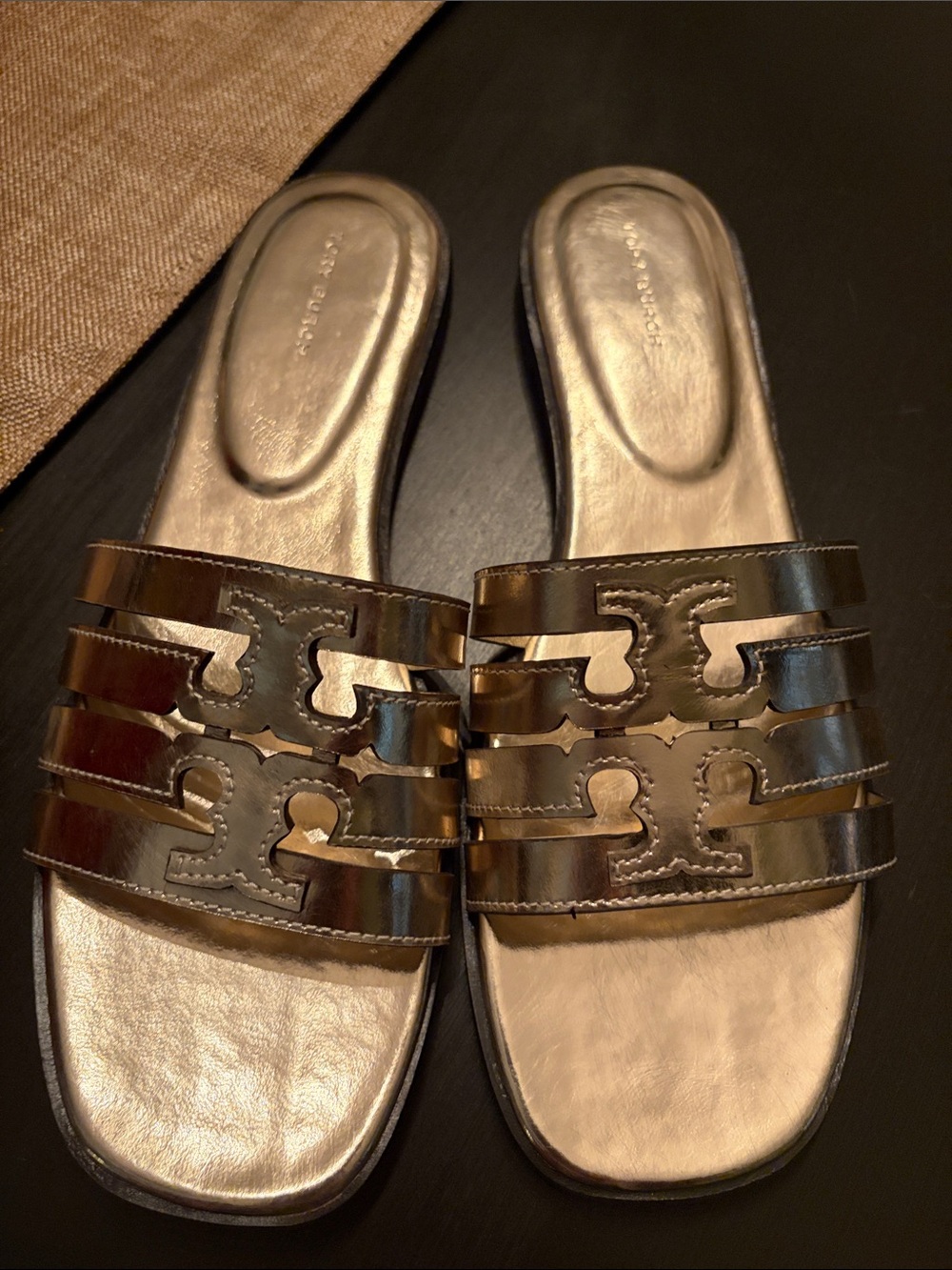 Tory Burch Metallic Gold Logo Slide Sandals